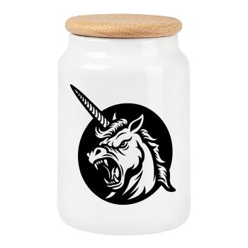 Licorne Rugissante – Tête de Licorne Agressive - Boîte à biscuits avec couvercle en bois - blanc - Devant