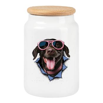 Hund mit rosa Sonnenbrille - Keksdose mit Holzdeckel - Weiß - Vorne