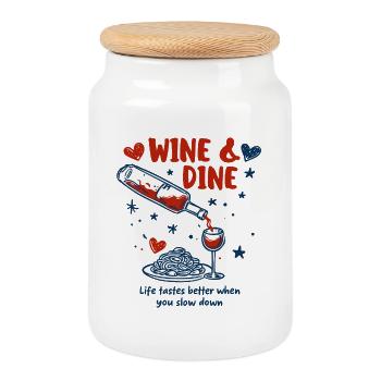 Wine and Dine – Pasta Love & Enjoyment Saying - Cookie Jar with Wooden Lid - white - Front