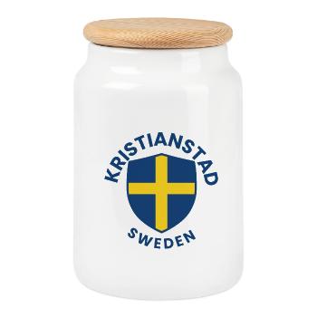 Kristianstad-Schild mit Goldenem Kreuz - Keksdose mit Holzdeckel - Weiß - Vorne
