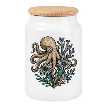 Pieuvre sous-marine avec des fleurs - Boîte à biscuits avec couvercle en bois - blanc - Devant