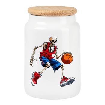 Skeleton Basketball / Skull - Cookie Jar with Wooden Lid - white - Front
