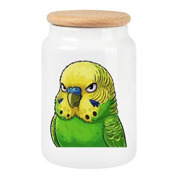 Vibrant Budgie Green Yellow - Cookie Jar with Wooden Lid - white - Front