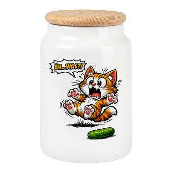 Funny Cat Eh What Saying Gift - Cookie Jar with Wooden Lid - white - Front