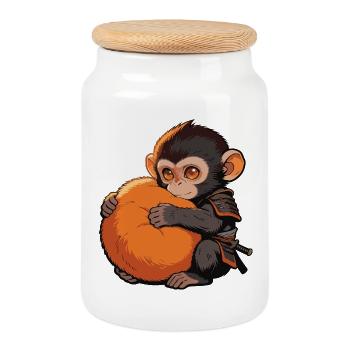 Petit singe mignon donne un coup de poing Coup de poing singe - Boîte à biscuits avec couvercle en bois - blanc - Devant