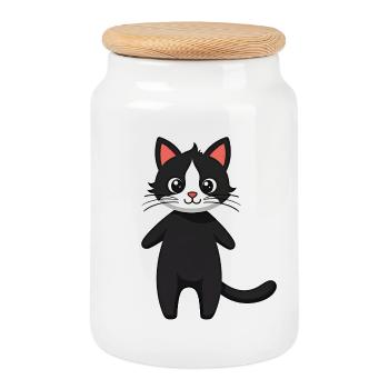 Black cat - Cookie Jar with Wooden Lid - white - Front