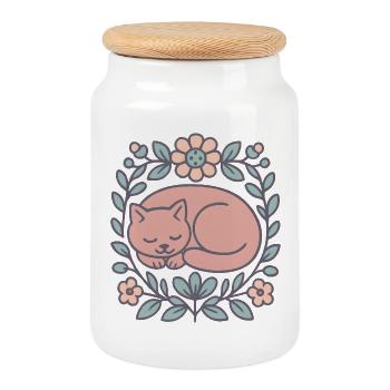 Sleeping cat in a circle of flowers - Cookie Jar with Wooden Lid - white - Front