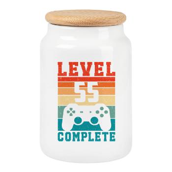 55. Geburtstag Level 55 Complete 55 Jahre Gamer - Keksdose mit Holzdeckel - Weiß - Vorne
