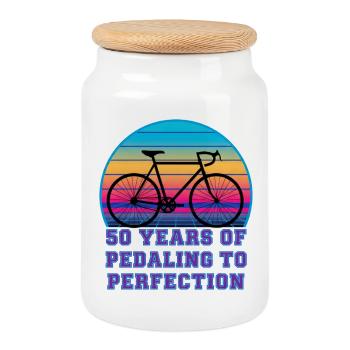 50 Years Pedaling Retro Sunset Road Bike - Cookie Jar with Wooden Lid - white - Front