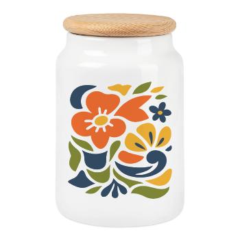 Abstract Floral Pattern Illustration - Cookie Jar with Wooden Lid - white - Front