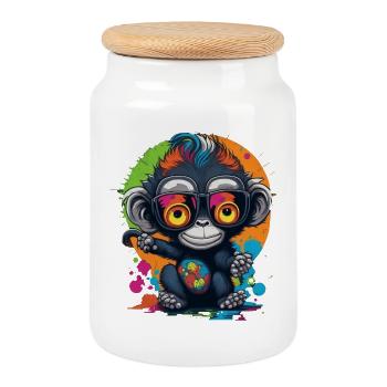 Neon Brillenaffe Splash - Affe - Äffchen - Keksdose mit Holzdeckel - Weiß - Vorne