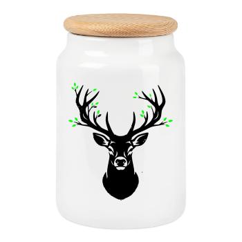 Deer Head Antler Leaves Natural - Cookie Jar with Wooden Lid - white - Front