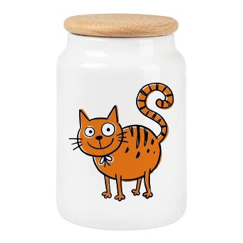 Chat de dessin animé drôle aux grands yeux - Boîte à biscuits avec couvercle en bois - blanc - Devant