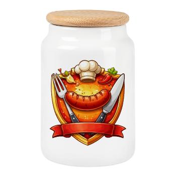 Grilled sausage on red plate sign - Cookie Jar with Wooden Lid - white - Front