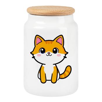 Kawaii Orange Kitten Cartoon - Cookie Jar with Wooden Lid - white - Front