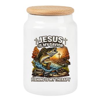 Jésus est mon sauveur, la pêche est une thérapie - Boîte à biscuits avec couvercle en bois - blanc - Devant