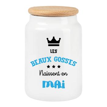 Cadeau naissance bébé garçon Mai Beaux Gosses BG - Boîte à biscuits avec couvercle en bois - blanc - Devant