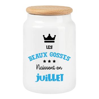 Cadeau naissance bébé garçon Juillet Beaux Gosses - Boîte à biscuits avec couvercle en bois - blanc - Devant