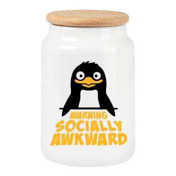 Penguin Warning Socially Awkward Funny Clumsy - Cookie Jar with Wooden Lid - white - Front