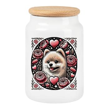 Shiba au cœur floral avec des roses - Boîte à biscuits avec couvercle en bois - blanc - Devant