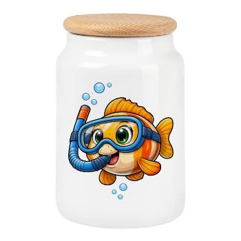 Cute Fish with Snorkel Diving Cartoon - Cookie Jar with Wooden Lid - white - Front