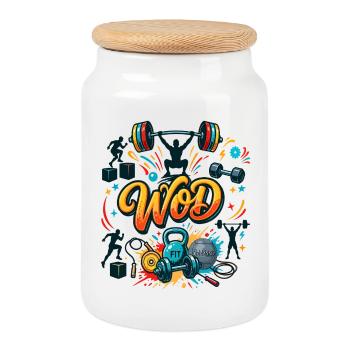 WOD Fitness Muscu Entraînement Cross Sport salle - Boîte à biscuits avec couvercle en bois - blanc - Devant