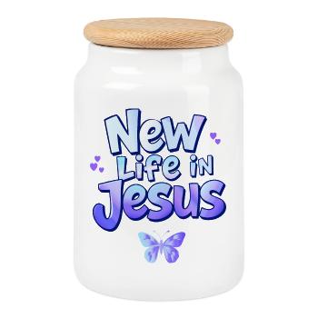 New Life in Jesus Pastel Christian Butterfly Tee - Cookie Jar with Wooden Lid - white - Front