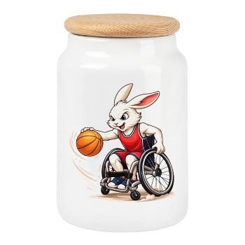 Basket en fauteuil roulant Bunny Sport Fun Design - Boîte à biscuits avec couvercle en bois - blanc - Devant