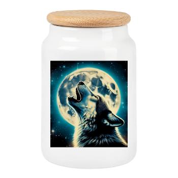 Le loup hurle à la pleine lune - Boîte à biscuits avec couvercle en bois - blanc - Devant