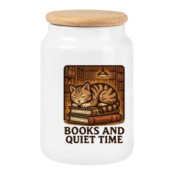 Chat endormi sur les livres - Boîte à biscuits avec couvercle en bois - blanc - Devant