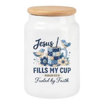 Jesus Fills My Cup Patchwork Faith God - Cookie Jar with Wooden Lid - white - Front