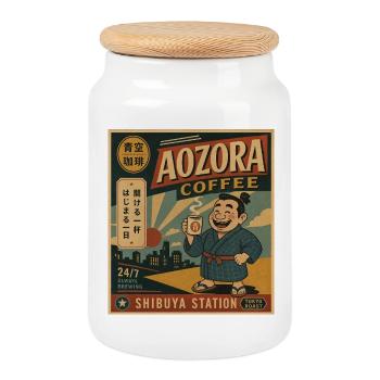 AOZORA Kaffee Shibuya Retro-Plakat - Keksdose mit Holzdeckel - Weiß - Vorne