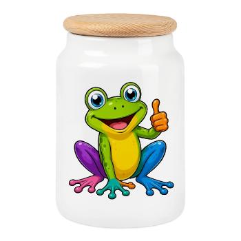 Colorful Frog Cartoon Thumbs Up Funny Animal - Cookie Jar with Wooden Lid - white - Front