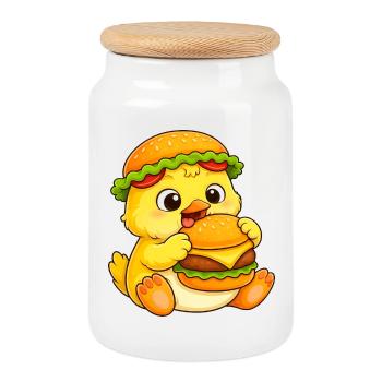 Sweet Chicken and Chick Cartoon Burger Fast Food - Cookie Jar with Wooden Lid - white - Front
