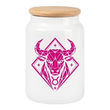 Taureau géométrique - Force pure - Signe du zodiaque Taureau - Boîte à biscuits avec couvercle en bois - blanc - Devant