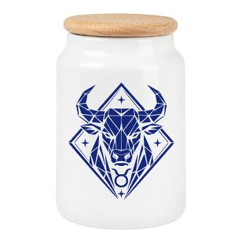 Taureau géométrique - Force pure - Signe du zodiaque Taureau - Boîte à biscuits avec couvercle en bois - blanc - Devant