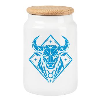 Taureau géométrique - Force pure - Signe du zodiaque Taureau - Boîte à biscuits avec couvercle en bois - blanc - Devant