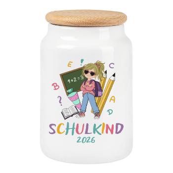 Schulkind 2026: Farbenfroh - Keksdose mit Holzdeckel - Weiß - Vorne