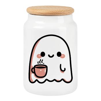 Fantôme Café Kawaii - Boîte à biscuits avec couvercle en bois - blanc - Devant