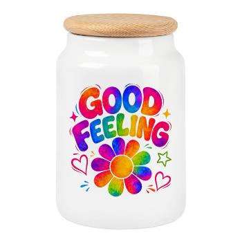 GOOD FEELING - Colourful retro vibes with flower power - Cookie Jar with Wooden Lid - white - Front