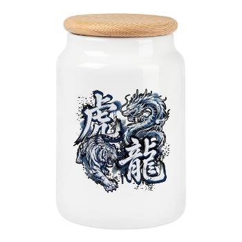 Tiger Dragon Harmony - Cookie Jar with Wooden Lid - white - Front