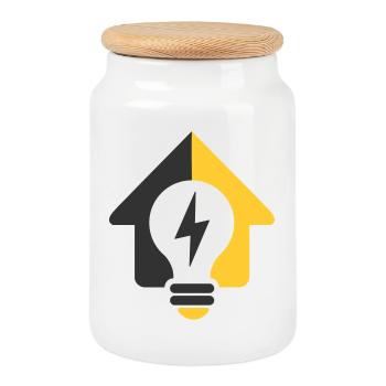 Elektro Haus Glühbirne Logo - Keksdose mit Holzdeckel - Weiß - Vorne