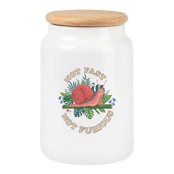 Pas rapide, pas furieux, jeu de mots drôle sur l’escargot - Boîte à biscuits avec couvercle en bois - blanc - Devant