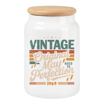 Vintage May 1969 – Perfection for 57 years - Cookie Jar with Wooden Lid - white - Front