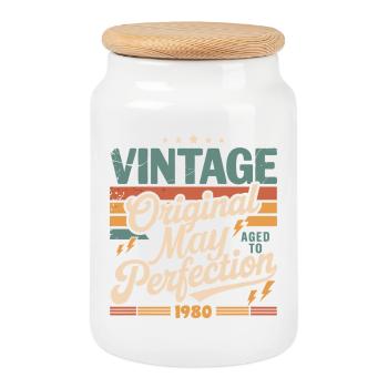 Vintage May 1980 – Perfection for 46 years - Cookie Jar with Wooden Lid - white - Front