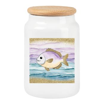 Playful fish in the water - Cookie Jar with Wooden Lid - white - Front