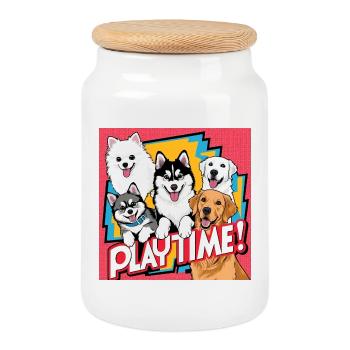 Playtime - Golden Retriever , Husky , Pomeranian - Cookie Jar with Wooden Lid - white - Front