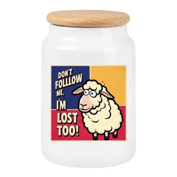 Sheep "Don t follow me - i m lost too!" - Cookie Jar with Wooden Lid - white - Front