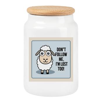 Sheep "Don t follow me - i m lost too!" - Cookie Jar with Wooden Lid - white - Front
