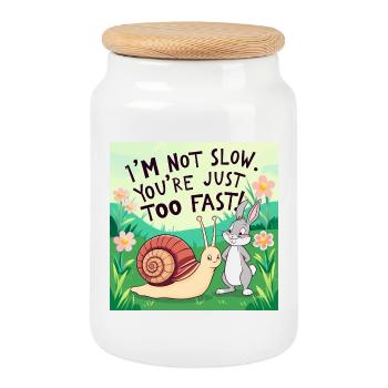 A rabbit and a snail "Slow and Fast" - Cookie Jar with Wooden Lid - white - Front